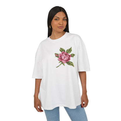 Rose Embroidered Tee — Vintage Pink Rose Chest Graphic T-Shirt