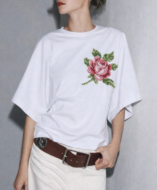 Rose Embroidered Tee — Vintage Pink Rose Chest Graphic T-Shirt