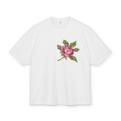 Rose Embroidered Tee — Vintage Pink Rose Chest Graphic T-Shirt